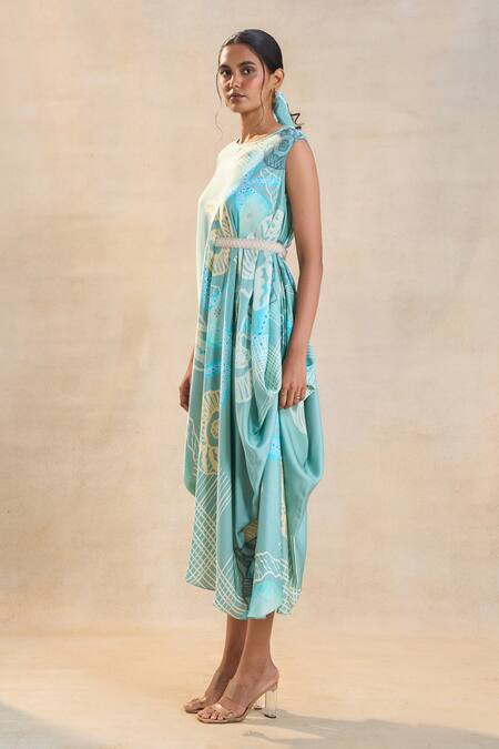 Buy Vedika M Blue Asymmetric Ocean Draped Midi Dress Online at Aza Fashions Buy_Vedika M_Blue Asymmetric Ocean Draped Midi Dress _Online_at_Aza_Fashions