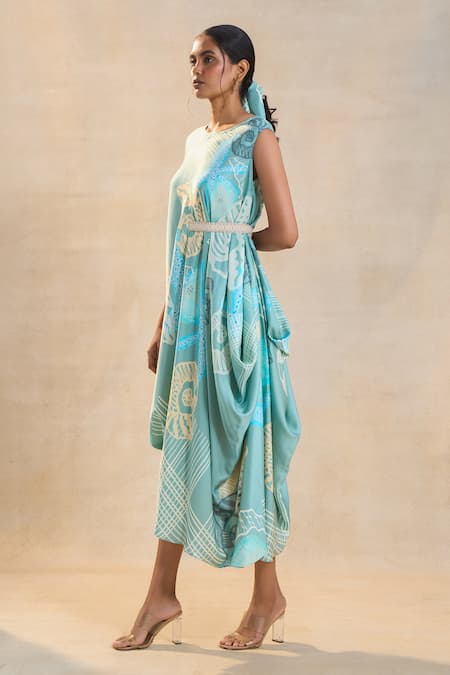 Shop Vedika M Blue Asymmetric Ocean Draped Midi Dress Online at Aza Fashions Shop_Vedika M_Blue Asymmetric Ocean Draped Midi Dress _Online_at_Aza_Fashions