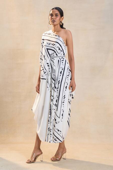 Vedika M Black Satin One Shoulder Chevron Draped Dress Online at Aza Fashions Vedika M_Black Satin One Shoulder Chevron Draped Dress _Online_at_Aza_Fashions