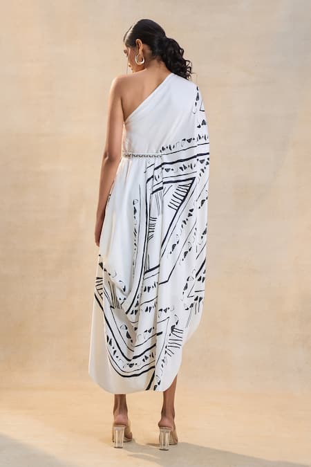 Shop Vedika M Black Satin One Shoulder Chevron Draped Dress at Aza Fashions Shop_Vedika M_Black Satin One Shoulder Chevron Draped Dress _at_Aza_Fashions