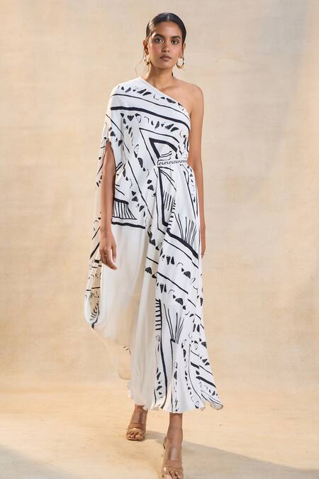 Shop Vedika M Black Satin One Shoulder Chevron Draped Dress Online at Aza Fashions Shop_Vedika M_Black Satin One Shoulder Chevron Draped Dress _Online_at_Aza_Fashions