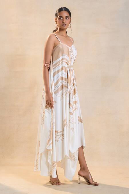 Vedika M_Off White Satin Embroidery Round Neck Jellyfish Strap Draped Maxi Dress _Online_at_Aza_Fashions