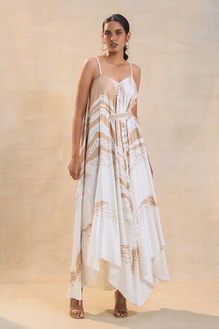 Buy_Vedika M_Off White Satin Embroidery Round Neck Jellyfish Strap Draped Maxi Dress _Online_at_Aza_Fashions