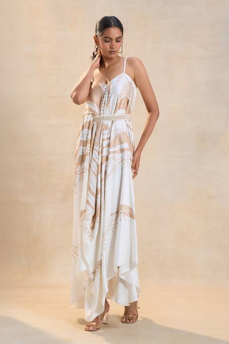 Shop_Vedika M_Off White Satin Embroidery Round Neck Jellyfish Strap Draped Maxi Dress _Online_at_Aza_Fashions