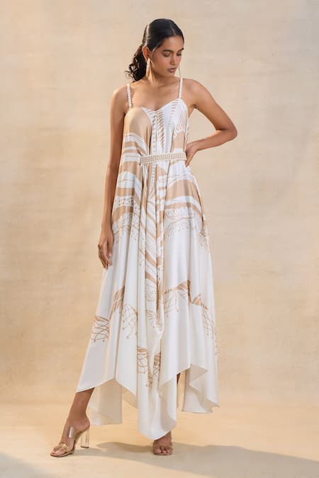 Vedika M Off White Satin Embroidery Round Neck Jellyfish Strap Draped Maxi Dress 