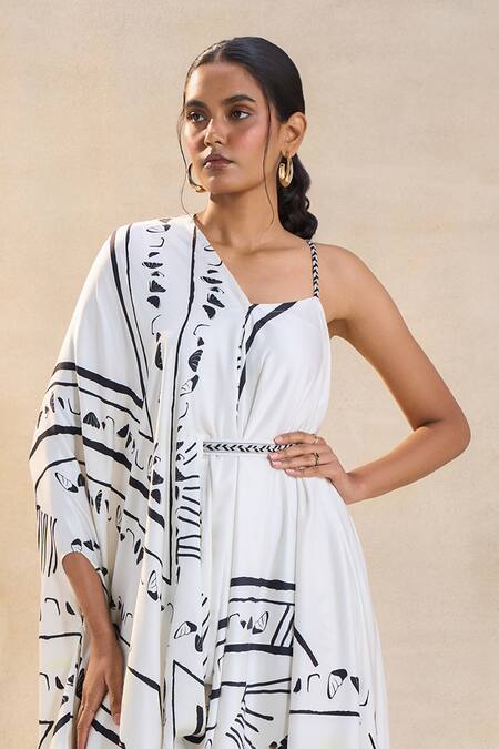 Vedika M_White Chevron Shell V Neck Draped Dress _Online_at_Aza_Fashions
