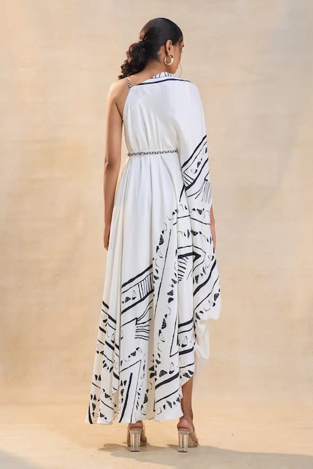 Shop_Vedika M_White Chevron Shell V Neck Draped Dress _at_Aza_Fashions
