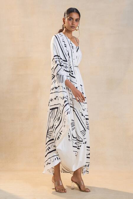 Buy_Vedika M_White Chevron Shell V Neck Draped Dress _Online_at_Aza_Fashions
