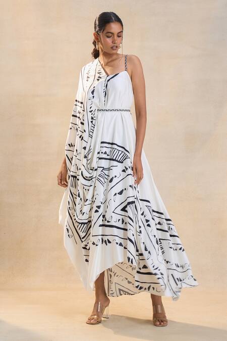 Shop_Vedika M_White Chevron Shell V Neck Draped Dress _Online_at_Aza_Fashions