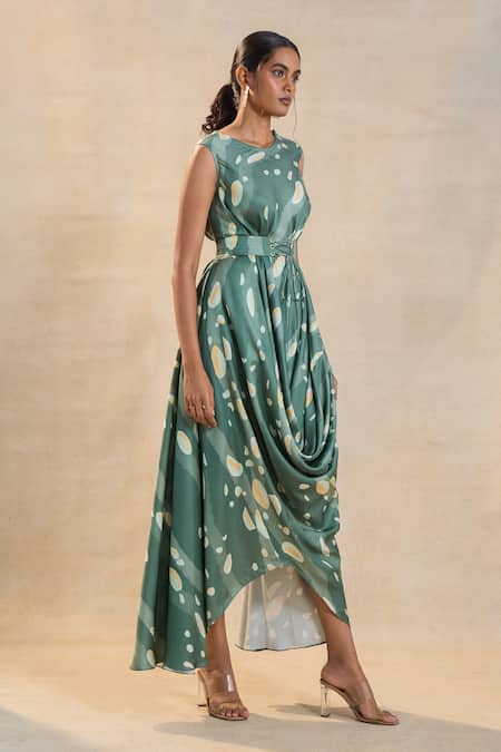 Buy_Vedika M_Green Round Neck Waterdrop Drape Dress With Belt _Online_at_Aza_Fashions