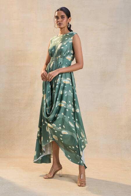 Shop_Vedika M_Green Round Neck Waterdrop Drape Dress With Belt _Online_at_Aza_Fashions