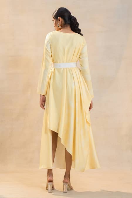 Shop Vedika M Yellow Round Neck Sunshine Drape Dress With Belt at Aza Fashions Shop_Vedika M_Yellow Round Neck Sunshine Drape Dress With Belt _at_Aza_Fashions