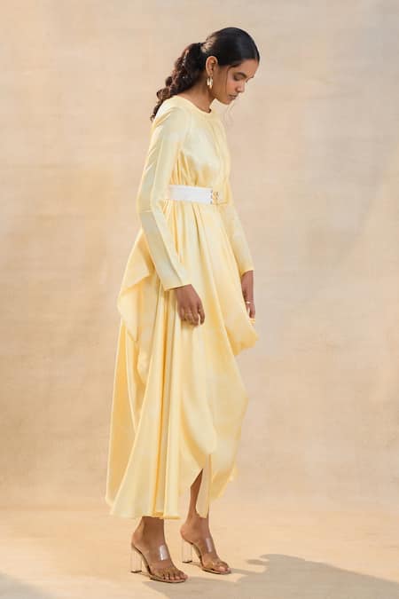 Vedika M Yellow Round Neck Sunshine Drape Dress With Belt Online at Aza Fashions Vedika M_Yellow Round Neck Sunshine Drape Dress With Belt _Online_at_Aza_Fashions