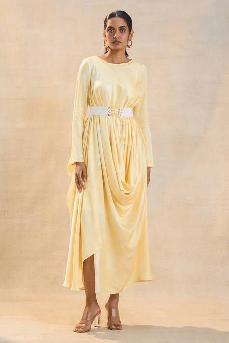 Buy Vedika M Yellow Round Neck Sunshine Drape Dress With Belt Online at Aza Fashions Buy_Vedika M_Yellow Round Neck Sunshine Drape Dress With Belt _Online_at_Aza_Fashions