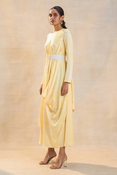 Shop Vedika M Yellow Round Neck Sunshine Drape Dress With Belt Online at Aza Fashions Shop_Vedika M_Yellow Round Neck Sunshine Drape Dress With Belt _Online_at_Aza_Fashions