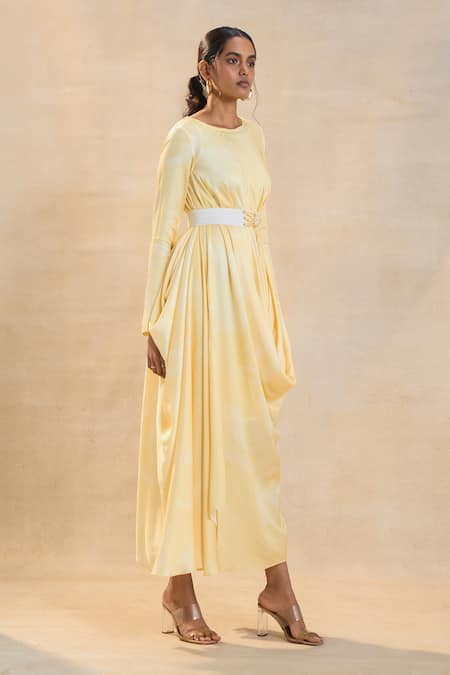 Vedika M Yellow Round Neck Sunshine Drape Dress With Belt at Aza Fashions Vedika M_Yellow Round Neck Sunshine Drape Dress With Belt _at_Aza_Fashions