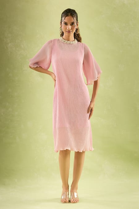 Samyukta Singhania Pearl Embellished Flared Sleeve Midi Dress 