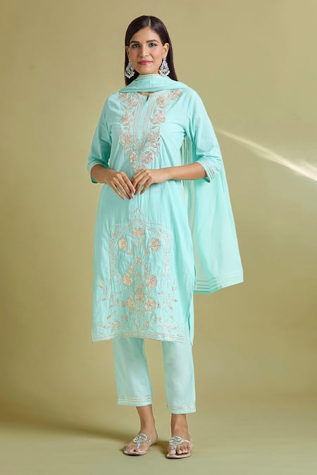 Shop Samyukta Singhania Blue Cotton Embroidery, Gota Patti Split V-neck Kurta Pant Set Online at Aza Fashions Shop_Samyukta Singhania_Blue Cotton Embroidery, Gota Patti Split V-neck Kurta Pant Set _Online_at_Aza_Fashions