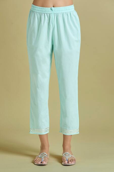 Samyukta Singhania Blue Cotton Embroidery, Gota Patti Split V-neck Kurta Pant Set at Aza Fashions Samyukta Singhania_Blue Cotton Embroidery, Gota Patti Split V-neck Kurta Pant Set _at_Aza_Fashions