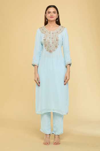 Samyukta Singhania_Sky Blue Georgette, Silk, Chiffon Embroidery, Diamonds Dori Kurta And Pant Set_Online_at_Aza_Fashions