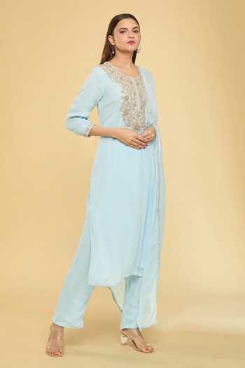 Buy_Samyukta Singhania_Sky Blue Georgette, Silk, Chiffon Embroidery, Diamonds Dori Kurta And Pant Set_Online_at_Aza_Fashions
