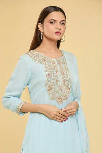 Shop_Samyukta Singhania_Sky Blue Georgette, Silk, Chiffon Embroidery, Diamonds Dori Kurta And Pant Set_Online_at_Aza_Fashions