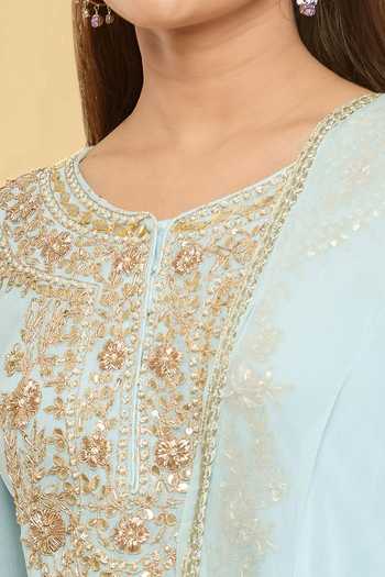 Samyukta Singhania_Sky Blue Georgette, Silk, Chiffon Embroidery, Diamonds Dori Kurta And Pant Set_at_Aza_Fashions