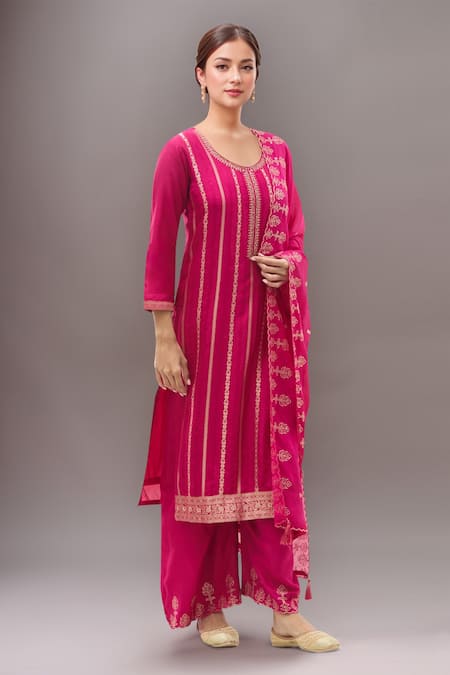 Samyukta Singhania Pink Denim, Silk, Satin, Chiffon Zari, Cut Work, Jacquard Panel Kurta Pant Set