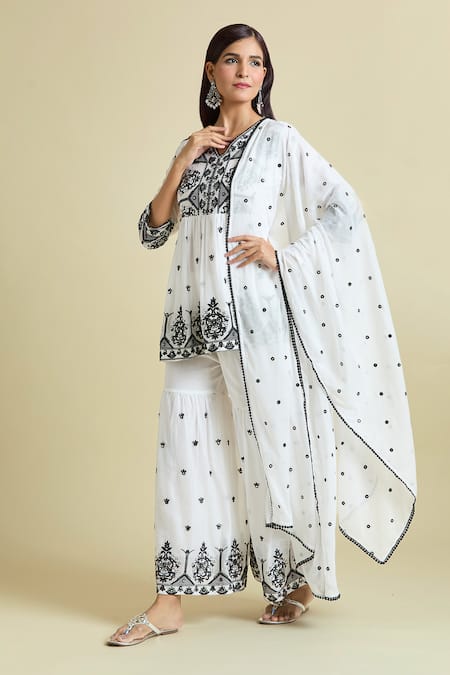 Buy_Naintara Bajaj_White Cotton Embroidery, Mirrors V-neck Work Peplum Kurta Sharara Set _Online_at_Aza_Fashions