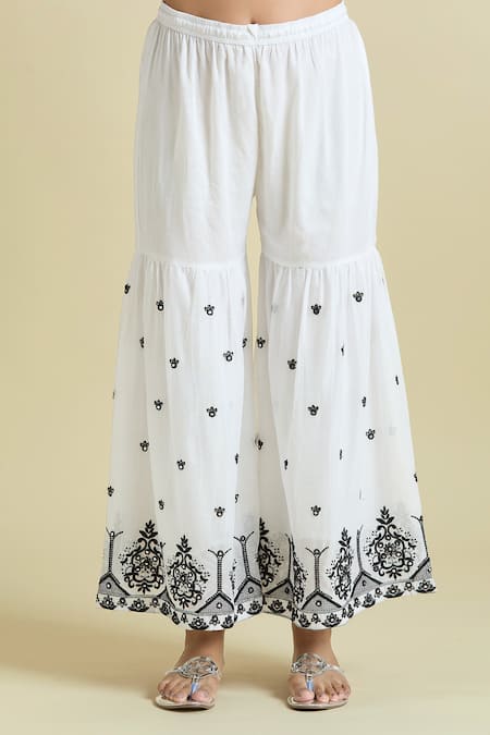 Naintara Bajaj_White Cotton Embroidery, Mirrors V-neck Work Peplum Kurta Sharara Set _at_Aza_Fashions