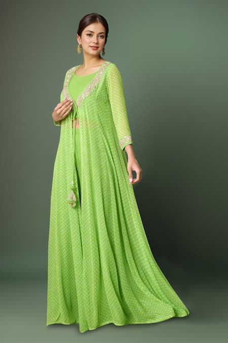 Samyukta Singhania Longline Bandhej Print Jacket Flared Pant Set 