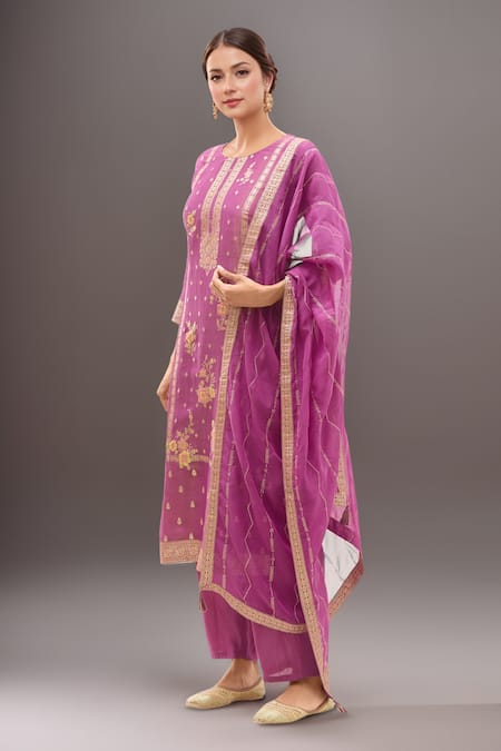 Samyukta Singhania Pink Kurta Tissue Silk Woven Floral Round Neck Bloom Pattern Pant Set 