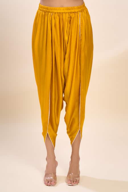 Sheetal Batra_Mustard Embroidery Round Neck Kurta And Dhoti Pant Set _Online_at_Aza_Fashions