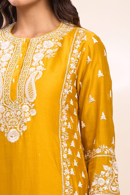 Buy_Sheetal Batra_Mustard Embroidery Round Neck Kurta And Dhoti Pant Set _Online_at_Aza_Fashions