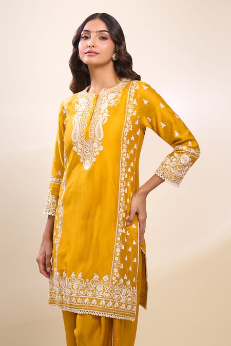 Shop_Sheetal Batra_Mustard Embroidery Round Neck Kurta And Dhoti Pant Set _Online_at_Aza_Fashions