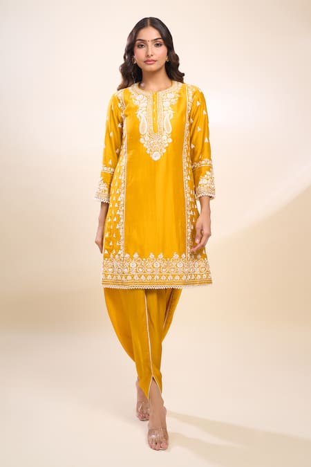 Sheetal Batra_Mustard Embroidery Round Neck Kurta And Dhoti Pant Set _at_Aza_Fashions