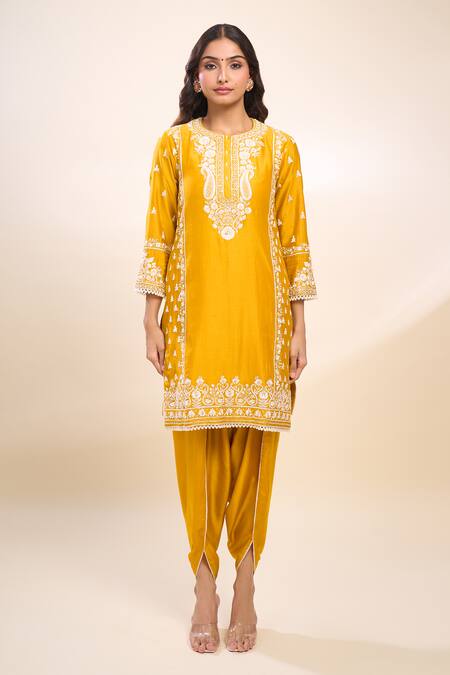 Buy_Sheetal Batra_Mustard Embroidery Round Neck Kurta And Dhoti Pant Set 