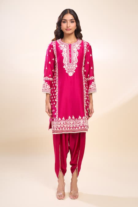 Buy_Sheetal Batra_Pink Embroidery Round Neck Hot Kurta And Set _Online_at_Aza_Fashions