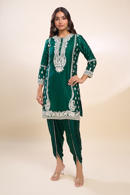 Sheetal Batra_Emerald Green Embroidery Round Neck Kurta And Dhoti Set _Online_at_Aza_Fashions