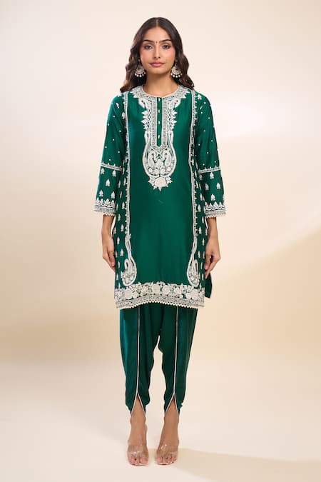 Buy_Sheetal Batra_Emerald Green Embroidery Round Neck Kurta And Dhoti Set _Online_at_Aza_Fashions
