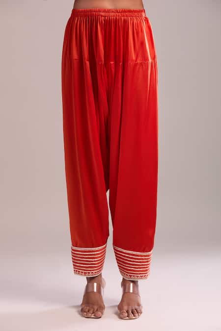 Buy_Sheetal Batra_Orange Cotton Embroidery Split V-neck Burnt Kurta Set _Online_at_Aza_Fashions