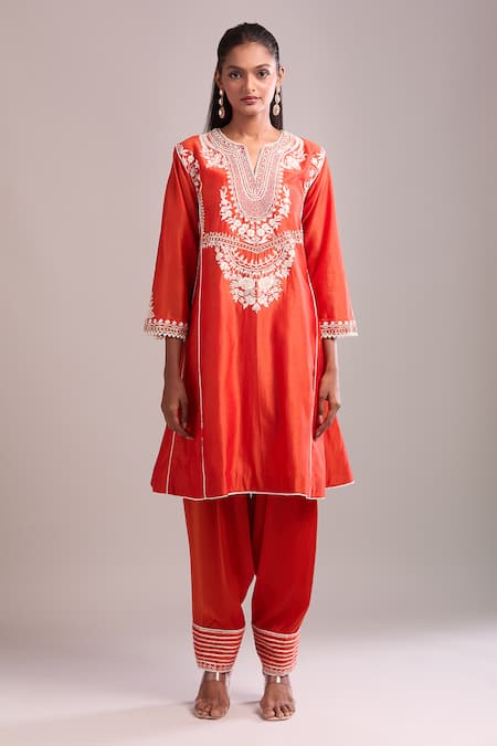 Shop_Sheetal Batra_Orange Cotton Embroidery Split V-neck Burnt Kurta Set _Online_at_Aza_Fashions