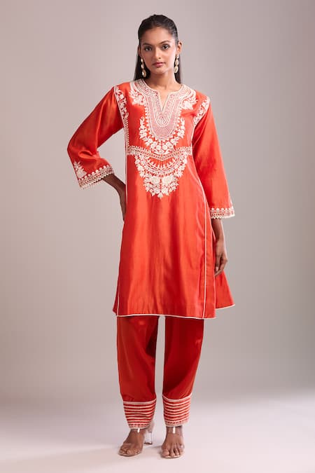 Sheetal Batra_Orange Cotton Embroidery Split V-neck Burnt Kurta Set _at_Aza_Fashions