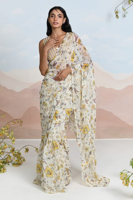 BAISE GABA Beige Chiffon V-neck Sundrenched Ruffle Saree Set 