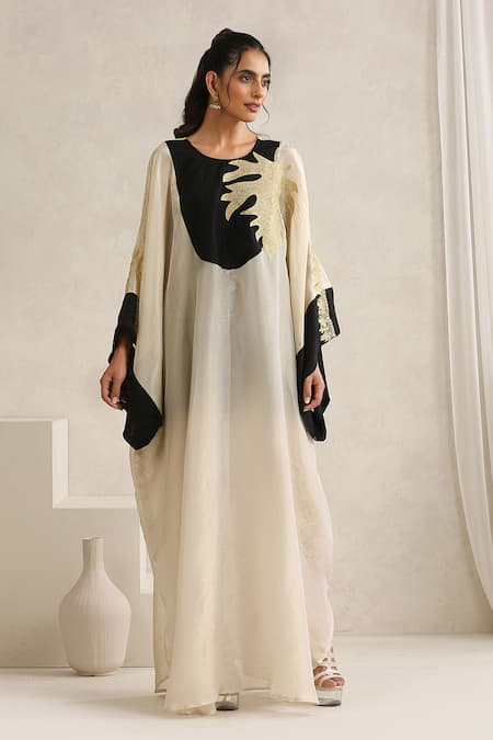 Wazir C_Off White Silk, Crepe, Cotton Embroidery Round Nargis And Black Abaya With Inner _Online_at_Aza_Fashions