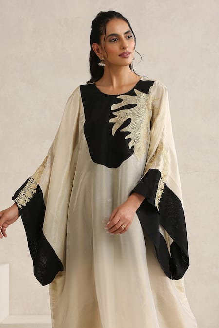 Shop_Wazir C_Off White Silk, Crepe, Cotton Embroidery Round Nargis And Black Abaya With Inner _Online_at_Aza_Fashions