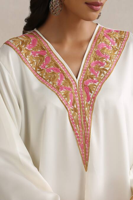 Shop_Wazir C_White Satin Embroidery V-neck Nargis Abaya _Online_at_Aza_Fashions