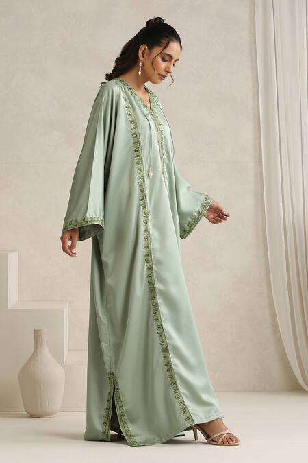 Buy_Wazir C_Mint Satin Pearls V-neck Nargis Green Abaya _Online_at_Aza_Fashions