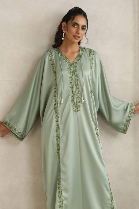 Shop_Wazir C_Mint Satin Pearls V-neck Nargis Green Abaya _Online_at_Aza_Fashions