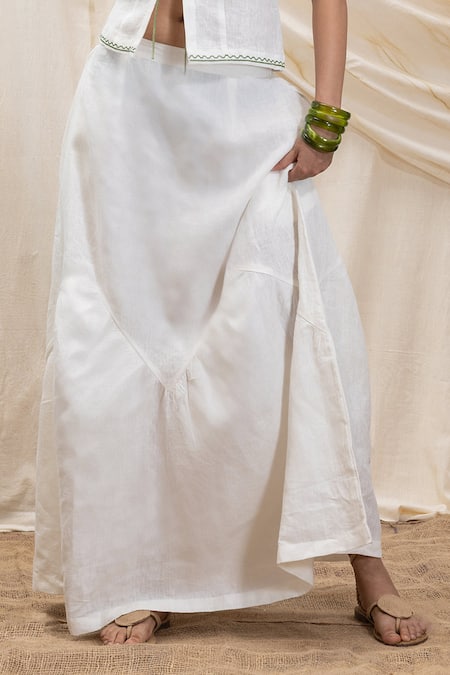 Akashi Clothing_White Linen Embroidery Round Neck Pearl Corset And Skirt Set _at_Aza_Fashions